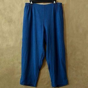 Flax | 100% Linen Blue Pull-On Wide Tapered Leg Cropped Pants Lagenlook Size L